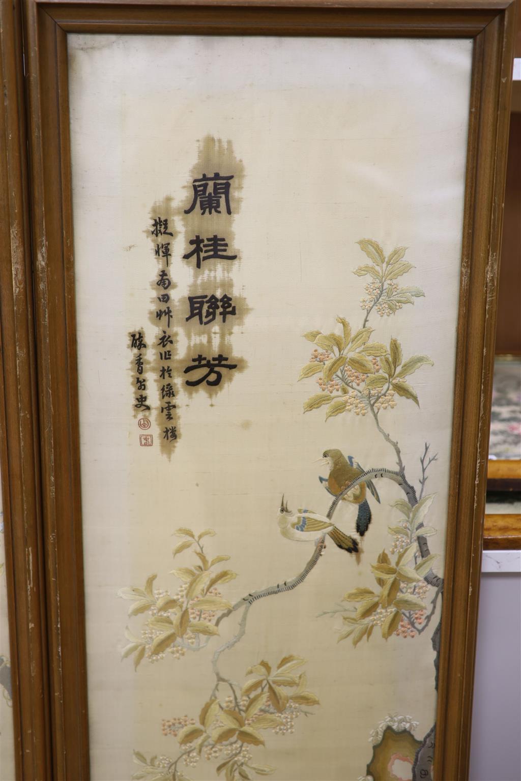 Two Japanese embroidered panels, width 34.5cm height 134cm